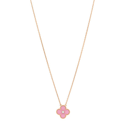 Van Cleef & Arpels 18K Rose Gold Diamond Pink Porcelain Vintage Alhambra Pendant Necklace 1 of 7