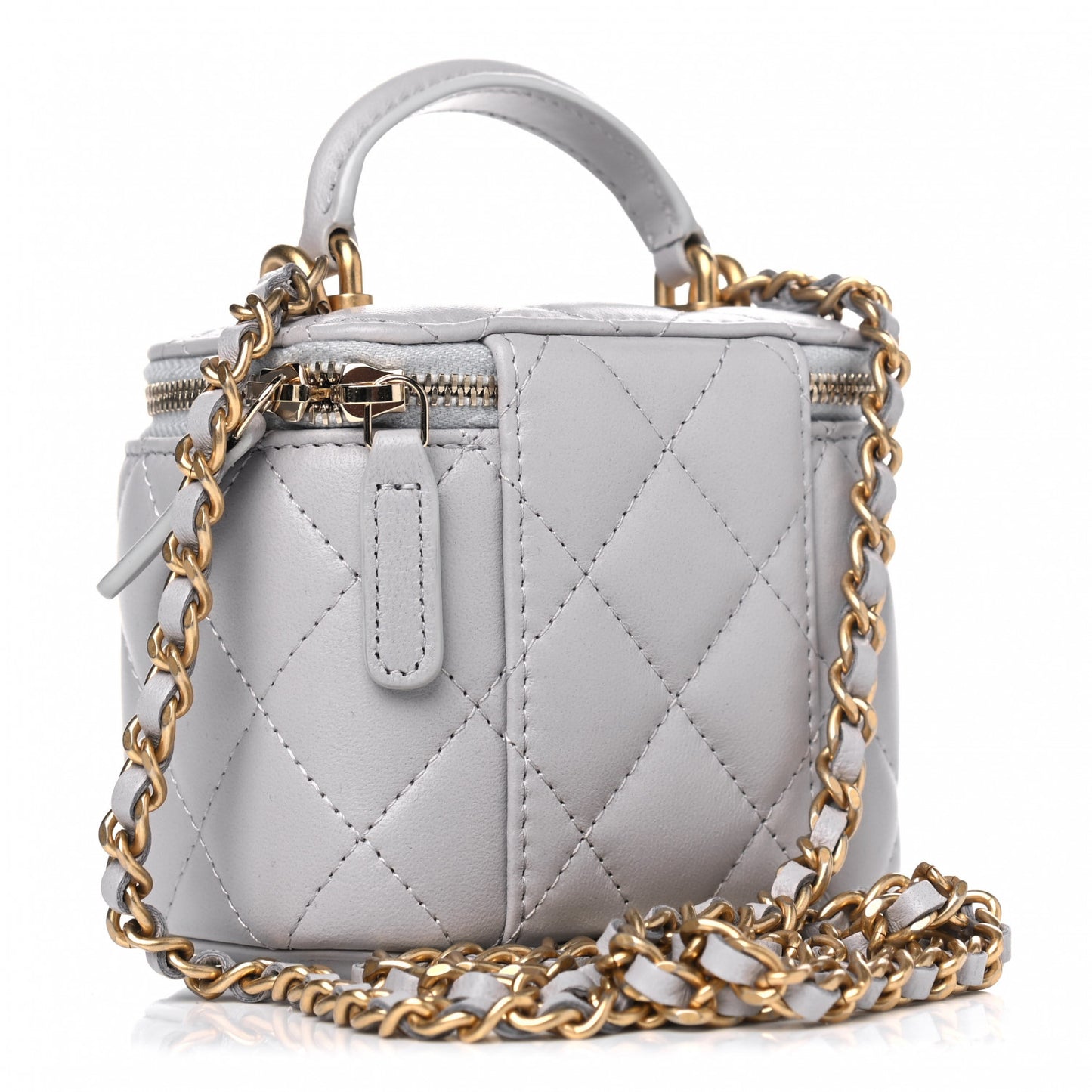 Lambskin Quilted Top Handle Mini Vanity Case With Chain Grey