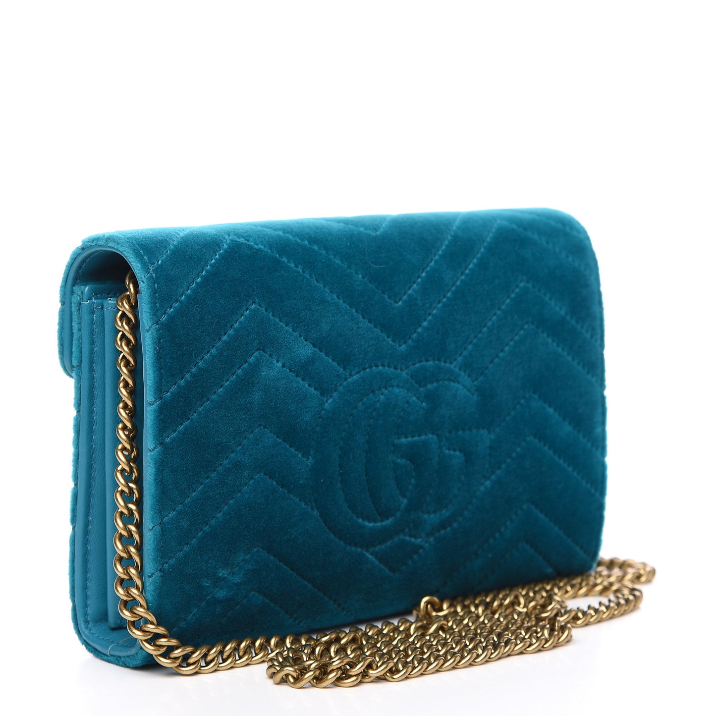 Velvet Matelasse GG Marmont Chain Wallet Pavone Cyan