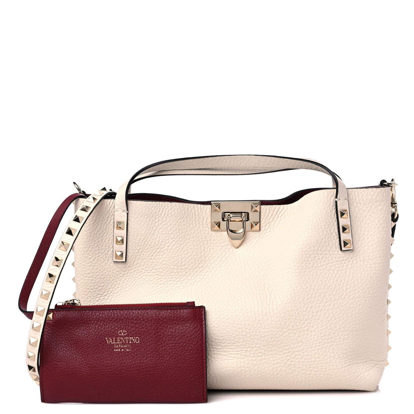 Grained Calfskin Small Rockstud Flip Lock Tote Light Ivory Rubino