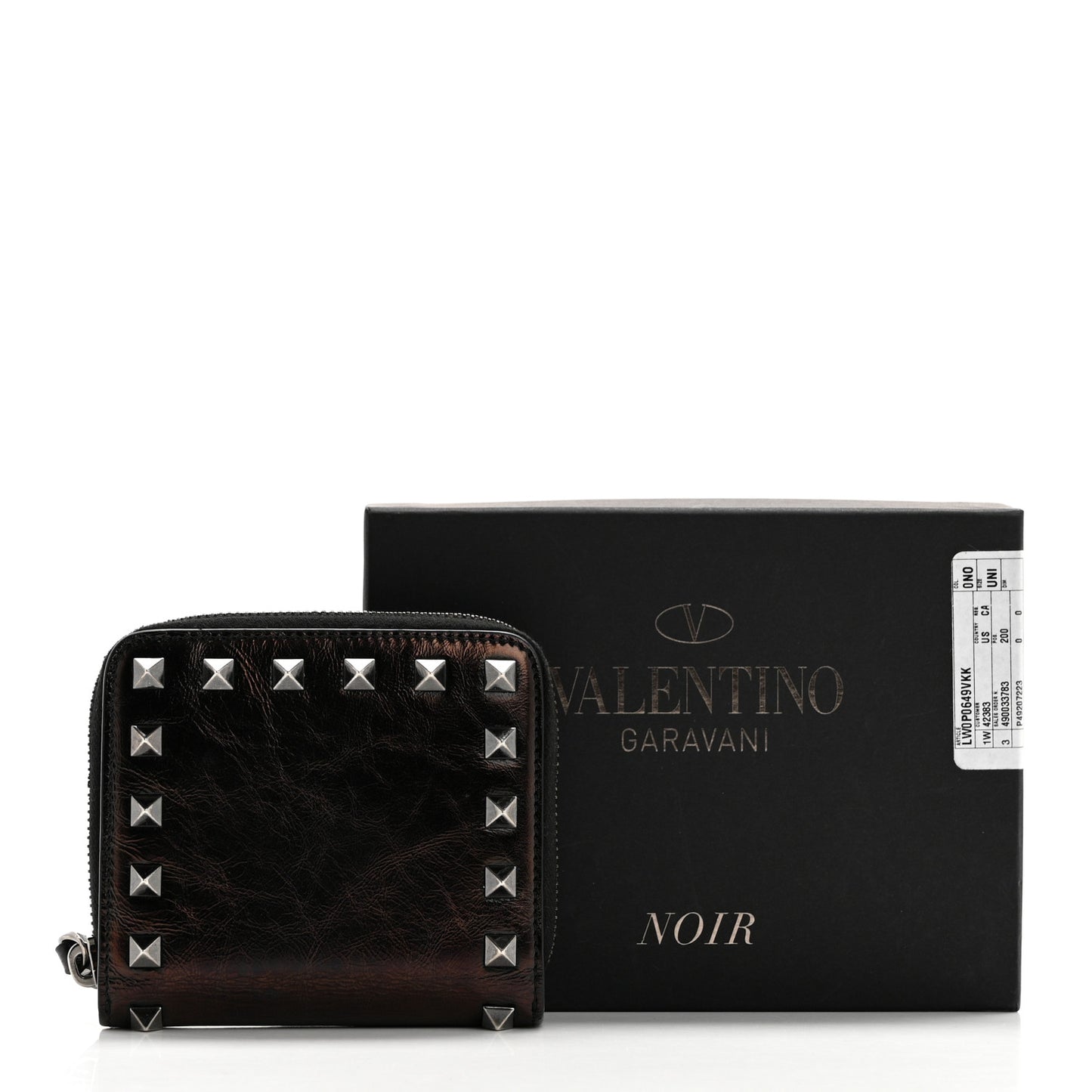 Metallic Wrinkled Calfskin Rockstud Compact Zip Around Wallet Bronze