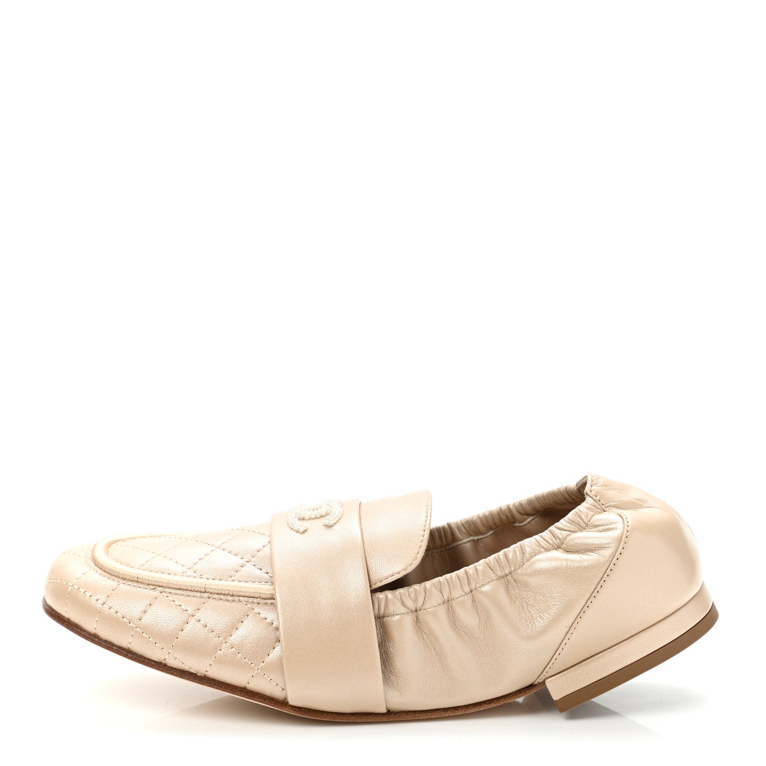 Chanel Laminated Lambskin Womens Quilted Elastic CC Moccasin Loafers 38 Beige 1 of 9