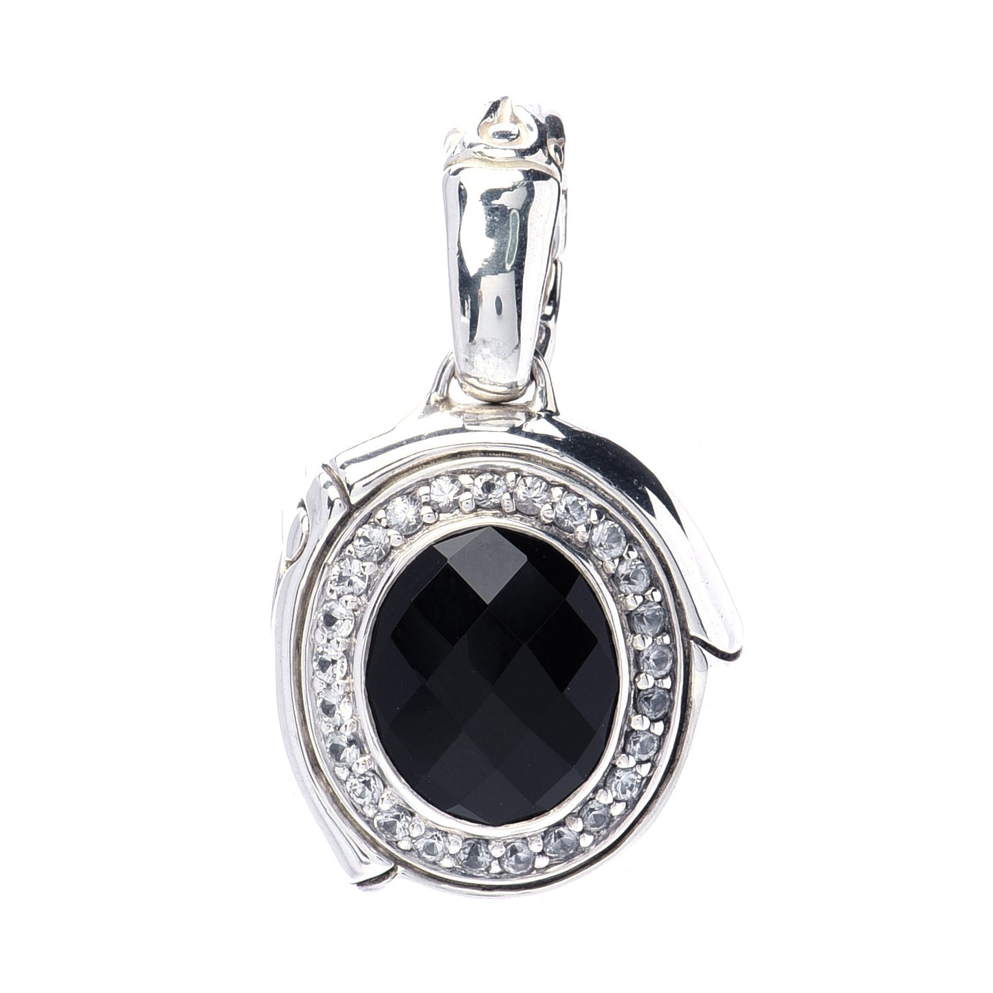 Sterling Silver Black Onyx White Sapphire Bamboo Oval Pendant