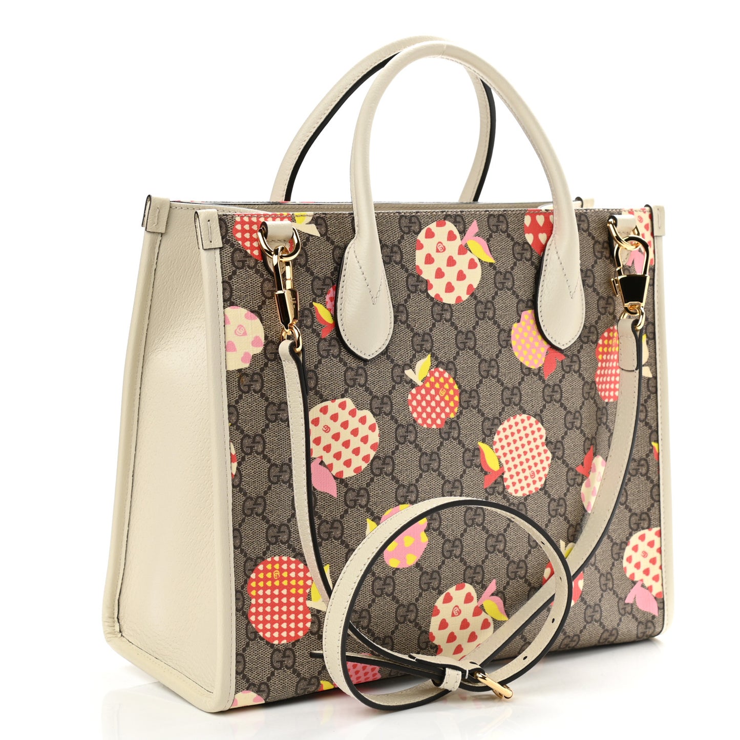 GG Supreme Monogram Textured Calfskin Les Pommes Small Retro Interlocking G Tote Bag Beige Multicolor Mystic White
