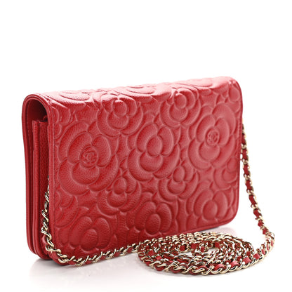 Chanel Caviar Camellia Embossed Wallet On Chain WOC Red 3 of 10