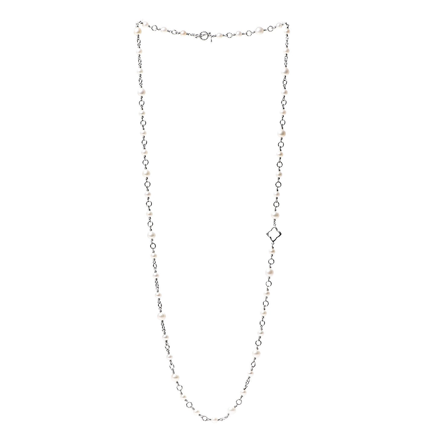 Sterling Silver Pearl 9mm Quatrefoil Long Chain Necklace