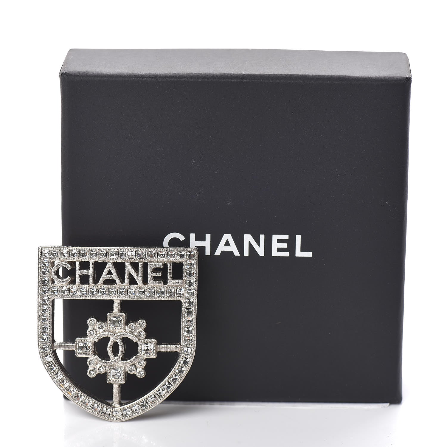 Chanel Swarovski Baguette Crystal CC Shield Brooch Silver 5 of 5
