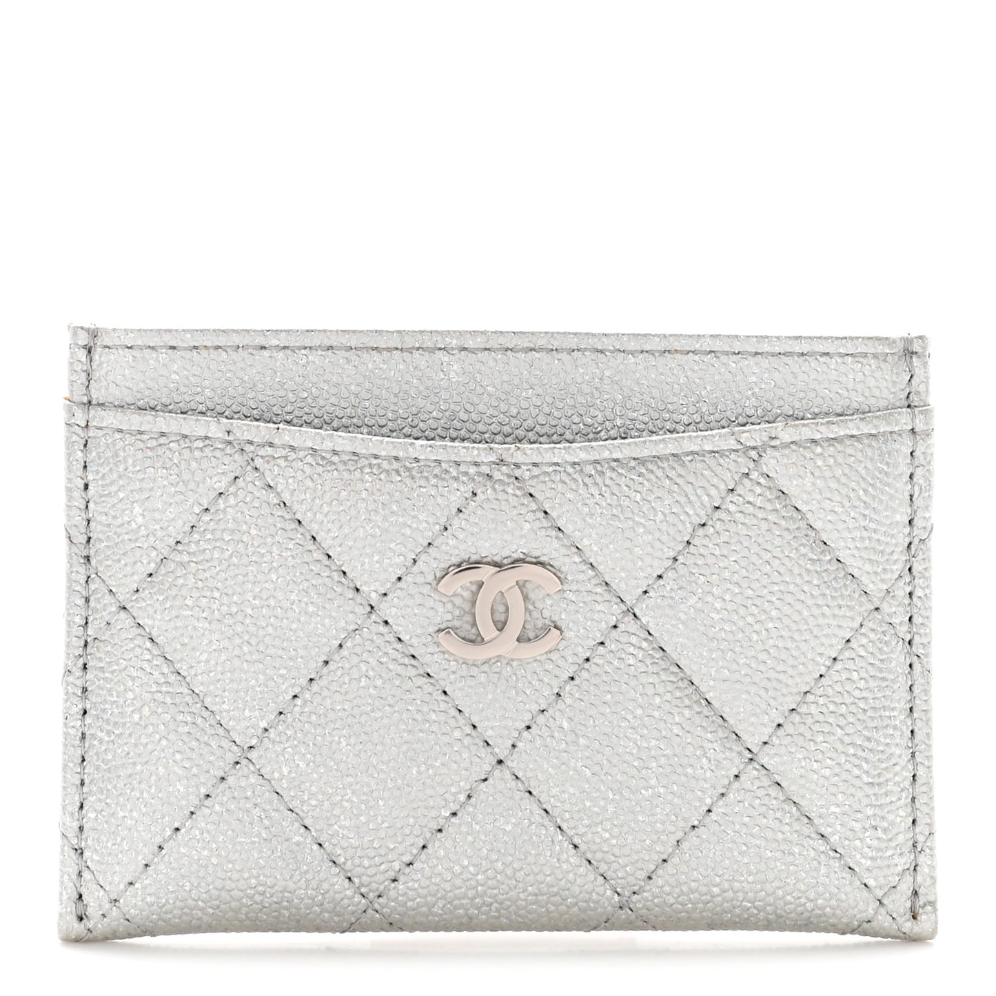 Glittered Metallic Caviar Quilted Card Holder Silver