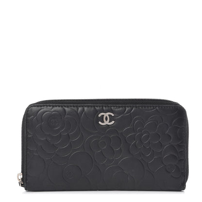 Chanel Lambskin Camellia Embossed Large Zip Around Gusset Wallet Black 1 of 9