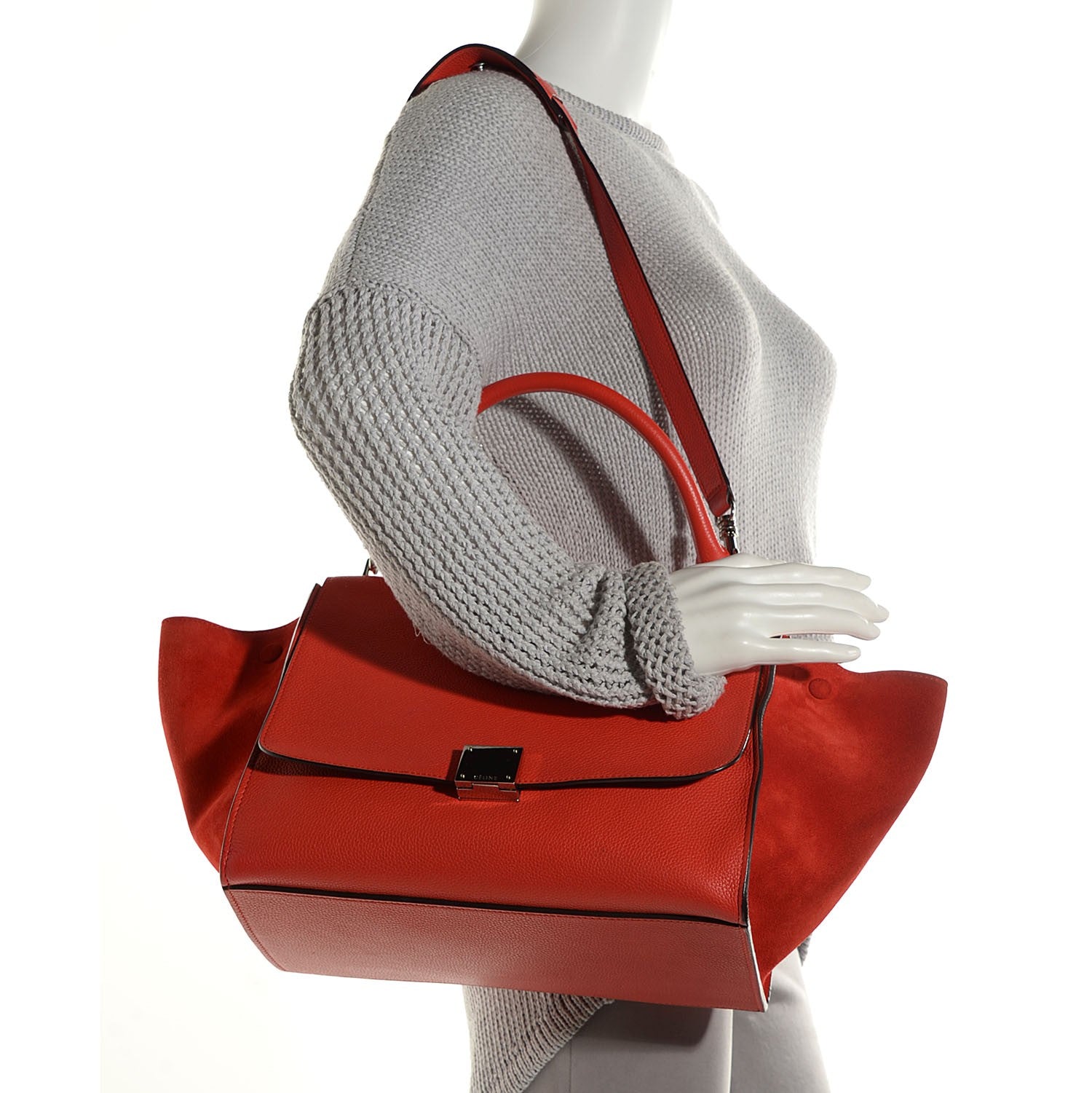 Celine Drummed Calfskin Suede Medium Trapeze Vermillion 2 of 8