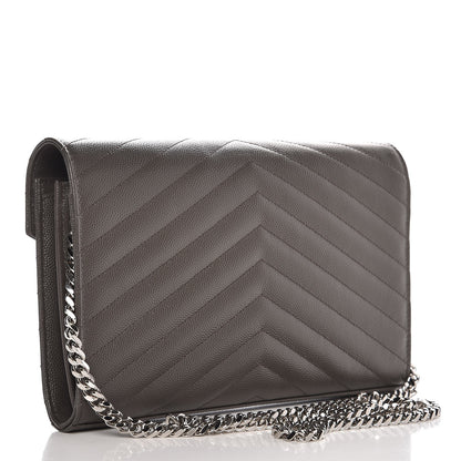 Saint Laurent Grain De Poudre Matelasse Chevron Monogram Chain Wallet Gray 3 of 7