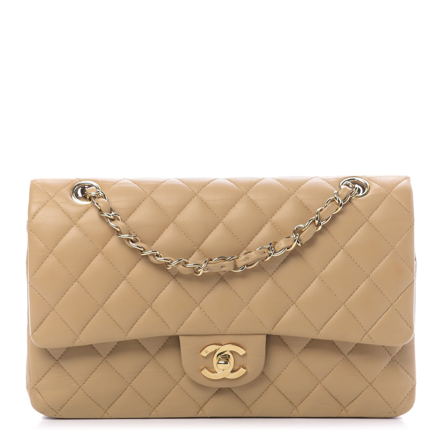 Lambskin Quilted Medium Double Flap Beige