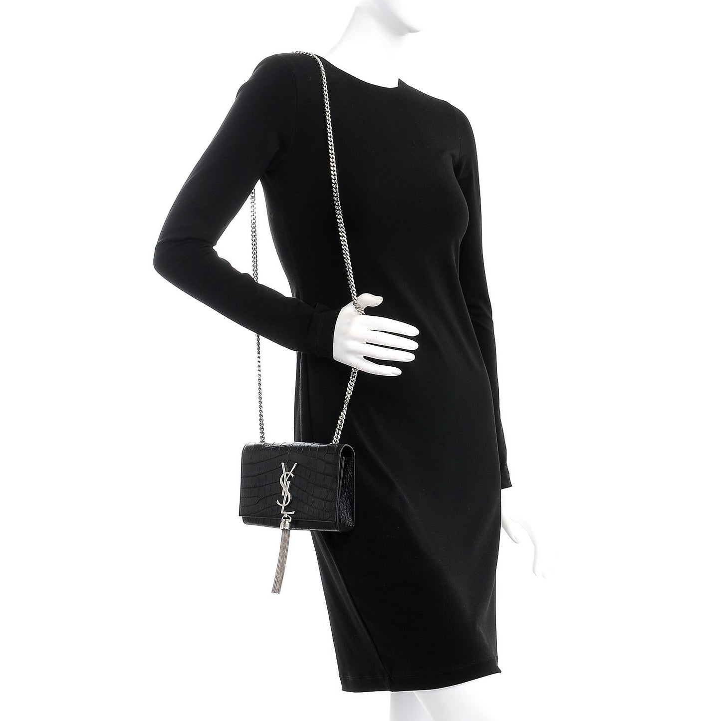 Calfskin Crocodile Embossed Monogram Small Kate Tassel Satchel Black
