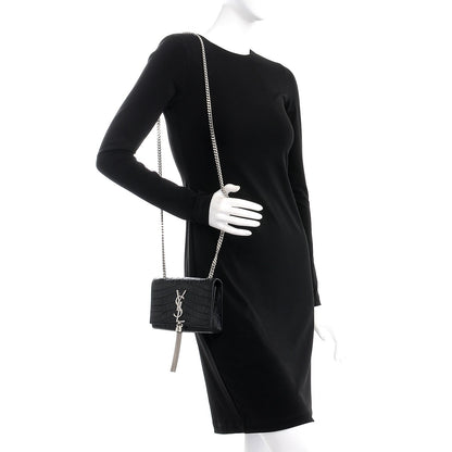 Saint Laurent Calfskin Crocodile Embossed Monogram Small Kate Tassel Satchel Black 2 of 7