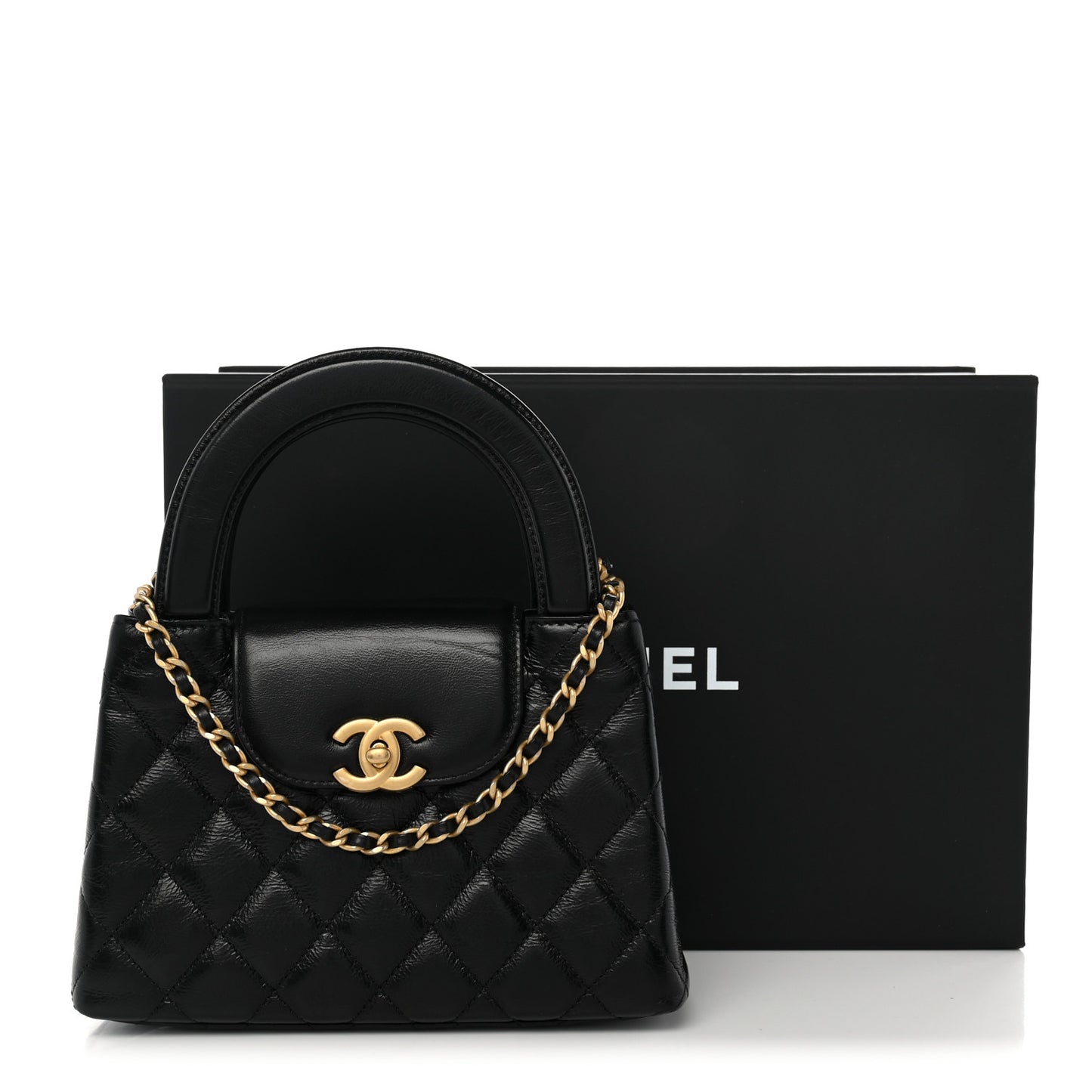 Shiny Aged Calfskin Quilted Nano Kelly Shopper Black