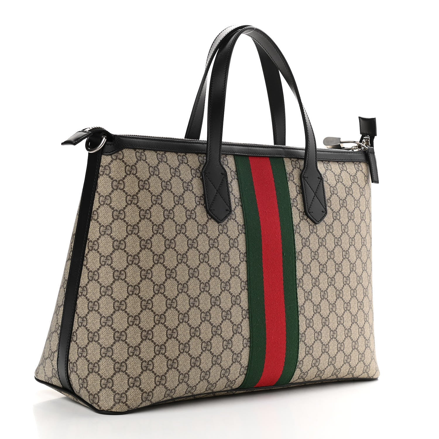 Gucci GG Supreme Monogram Web Medium Zippered Tote Beige Black 3 of 10