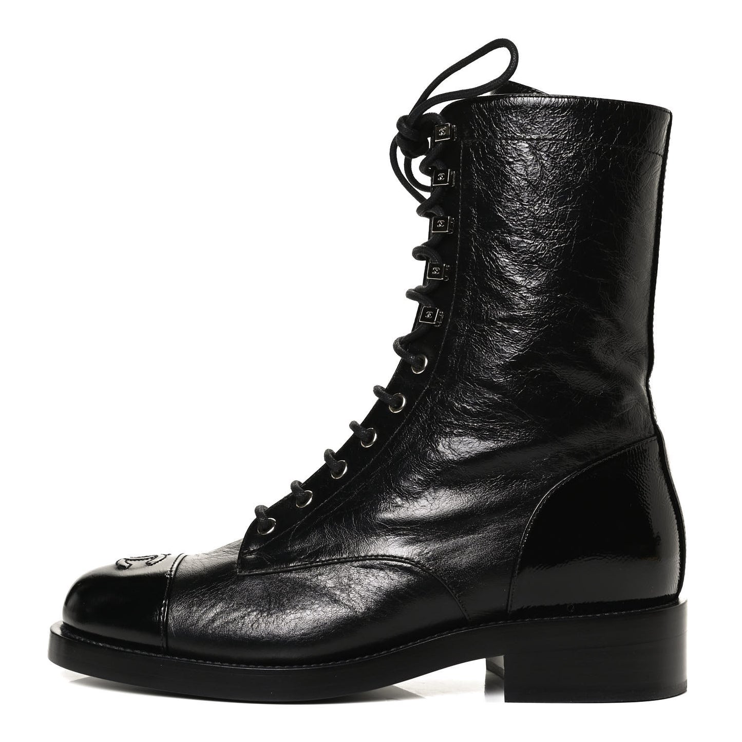Crumpled Lambskin Shiny Calfskin Lace Up Combat Boots 40.5 Black