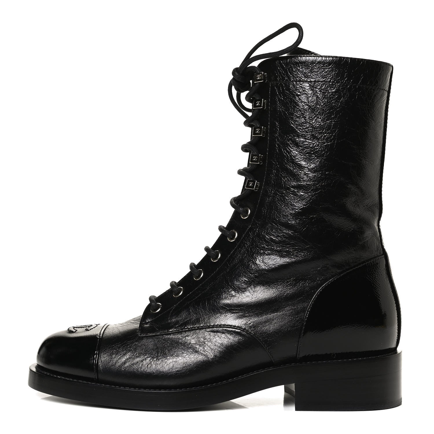Chanel Crumpled Lambskin Shiny Calfskin Lace Up Combat Boots 40.5 Black 1 of 10