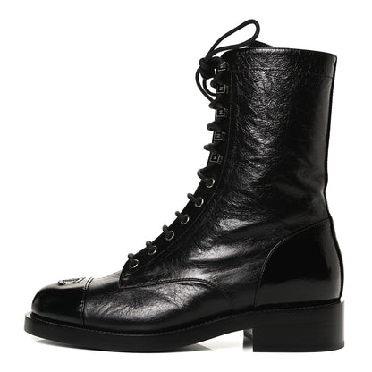 Chanel Crumpled Lambskin Shiny Calfskin Lace Up Combat Boots 40.5 Black 1 of 10