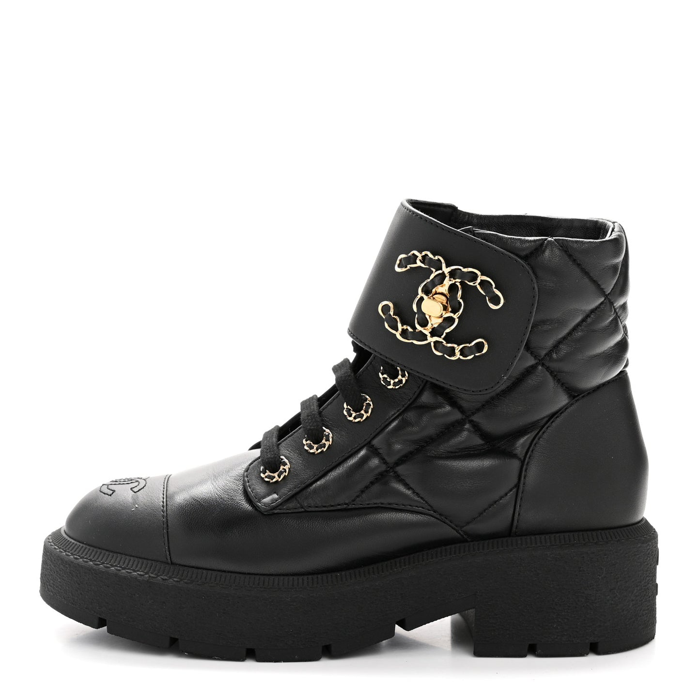 Lambskin Calfskin Quilted Lace Up Combat Boots 38 Black
