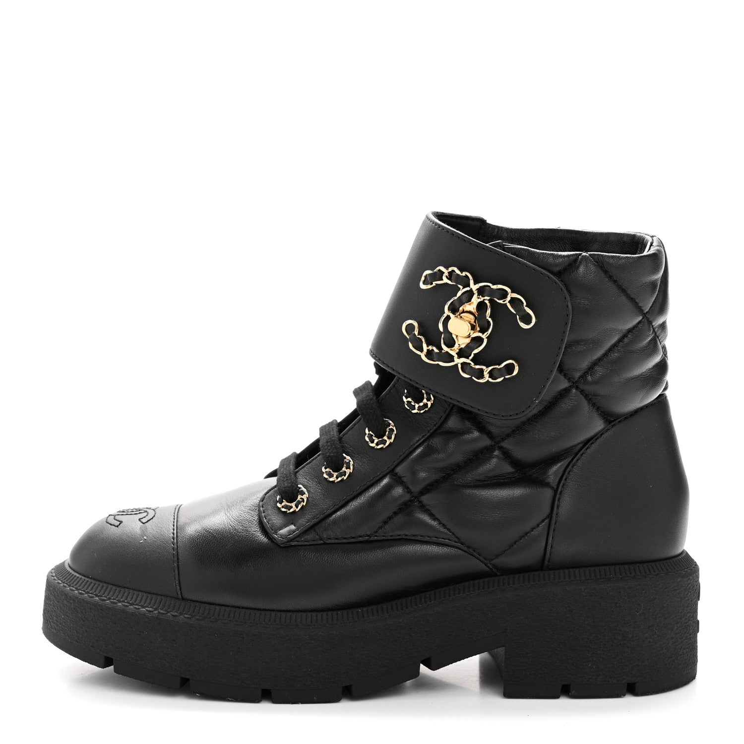 Chanel Lambskin Calfskin Quilted Lace Up Combat Boots 38 Black 1 of 10