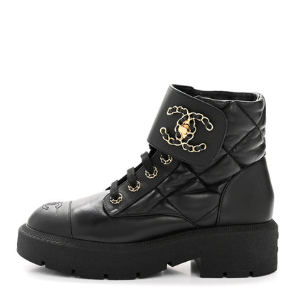 Chanel Lambskin Calfskin Quilted Lace Up Combat Boots 38 Black 1 of 10