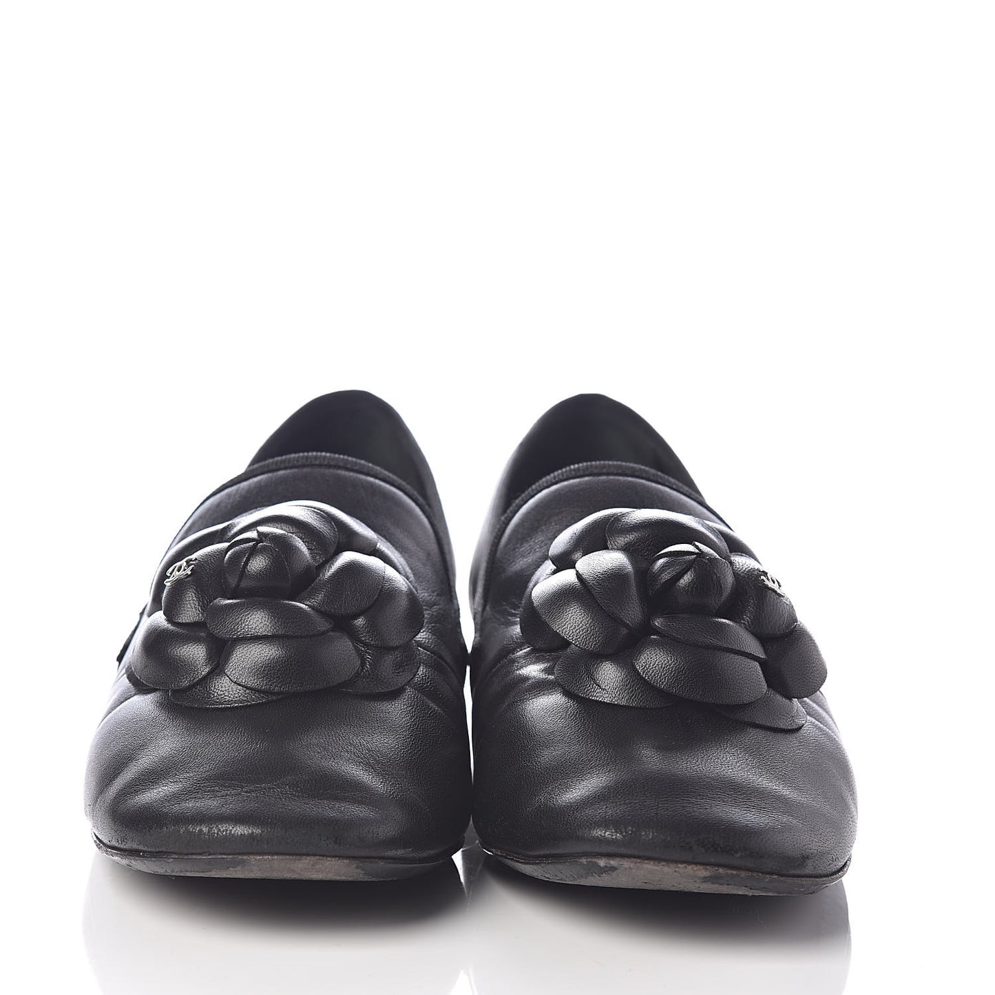 Lambskin Camellia Moccasin Flats 36.5 Black