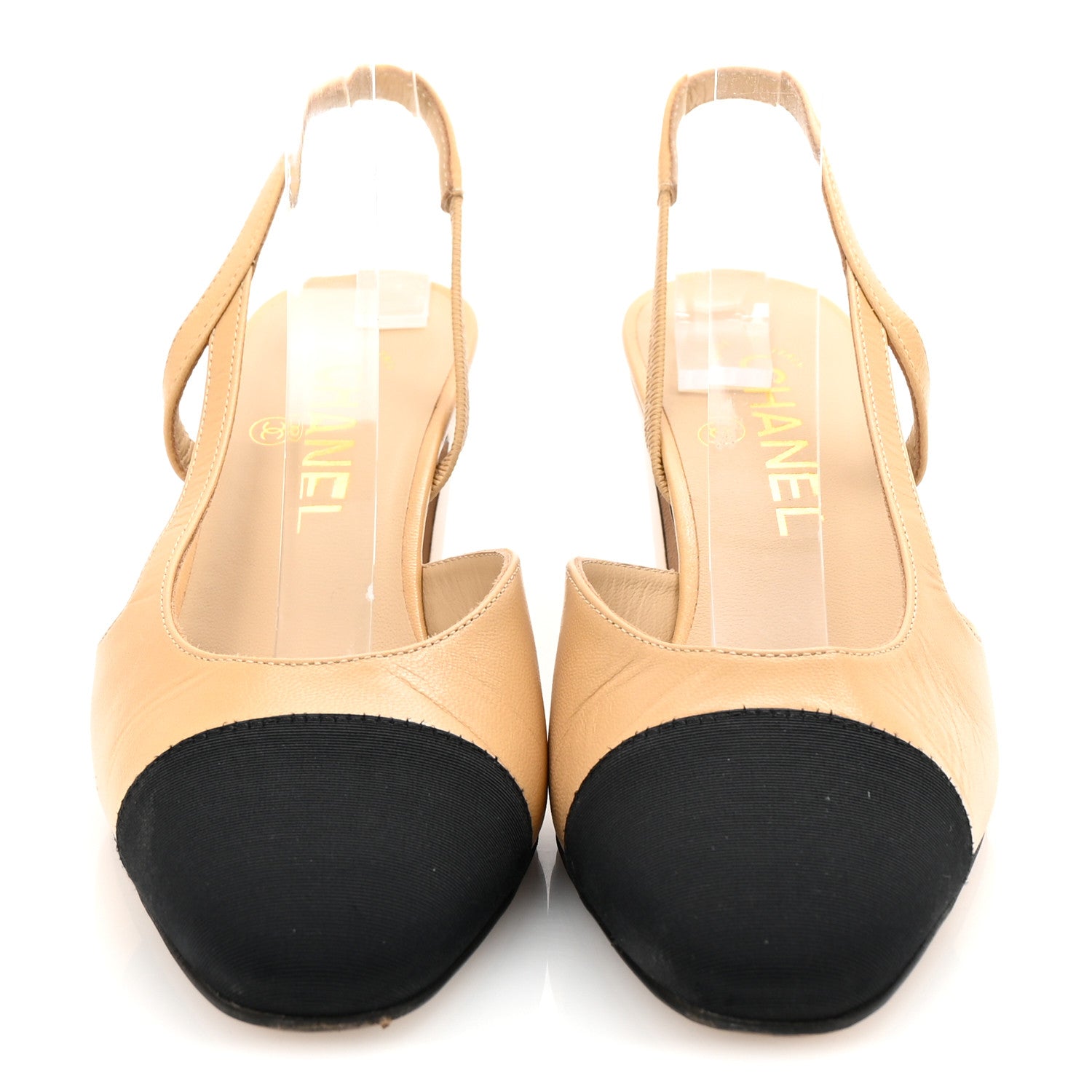 Chanel Goatskin Grosgrain Cap Toe CC Slingback Pumps 37 Beige Black 3 of 10