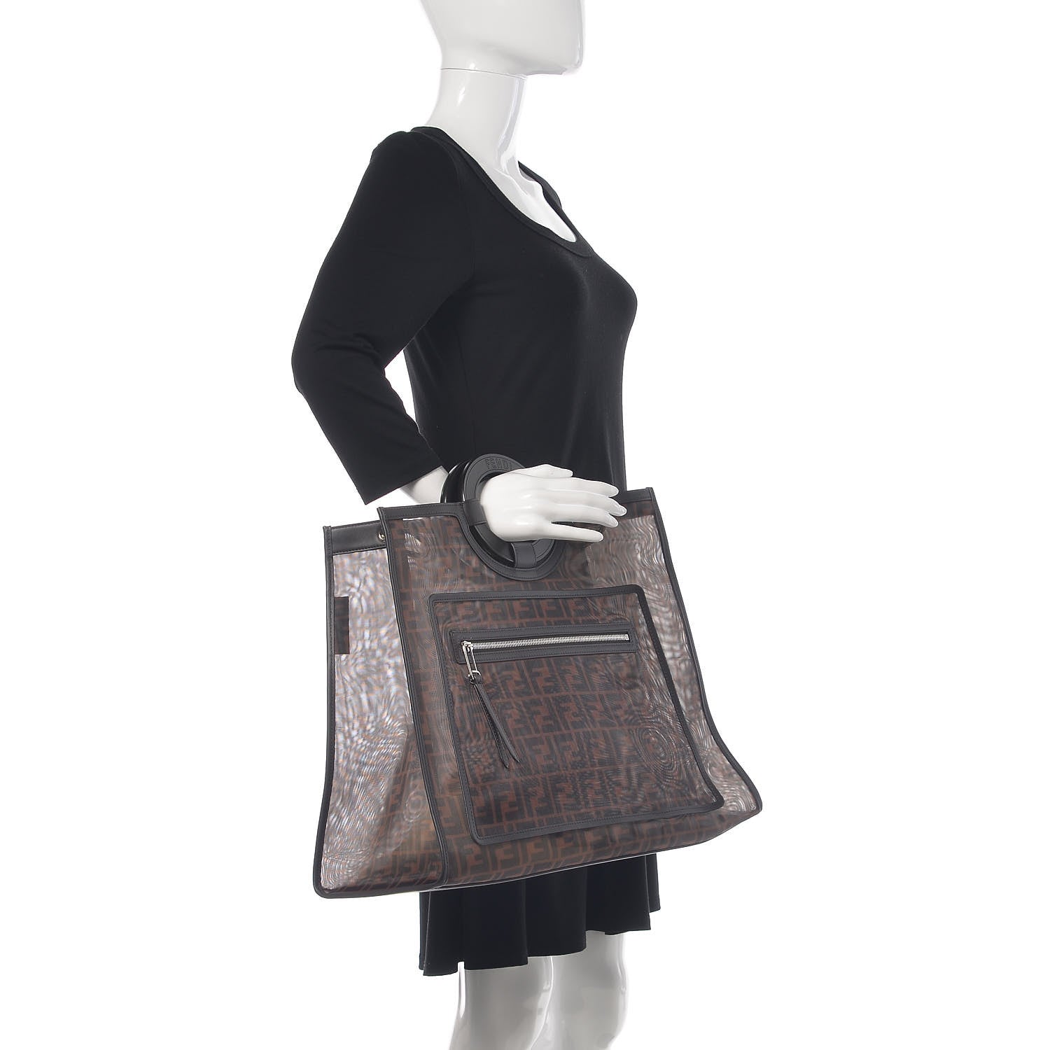 Fendi Mesh Vitello Century Cuoio FF 1974 Large Runaway Shopper Tote Marrone Black Ebano 2 of 10