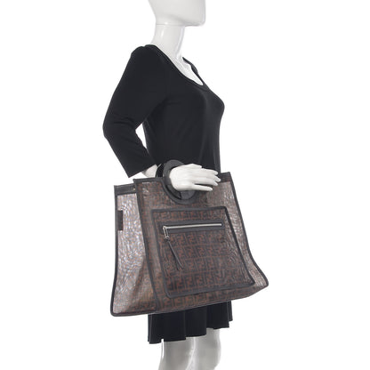 Fendi Mesh Vitello Century Cuoio FF 1974 Large Runaway Shopper Tote Marrone Black Ebano 2 of 10