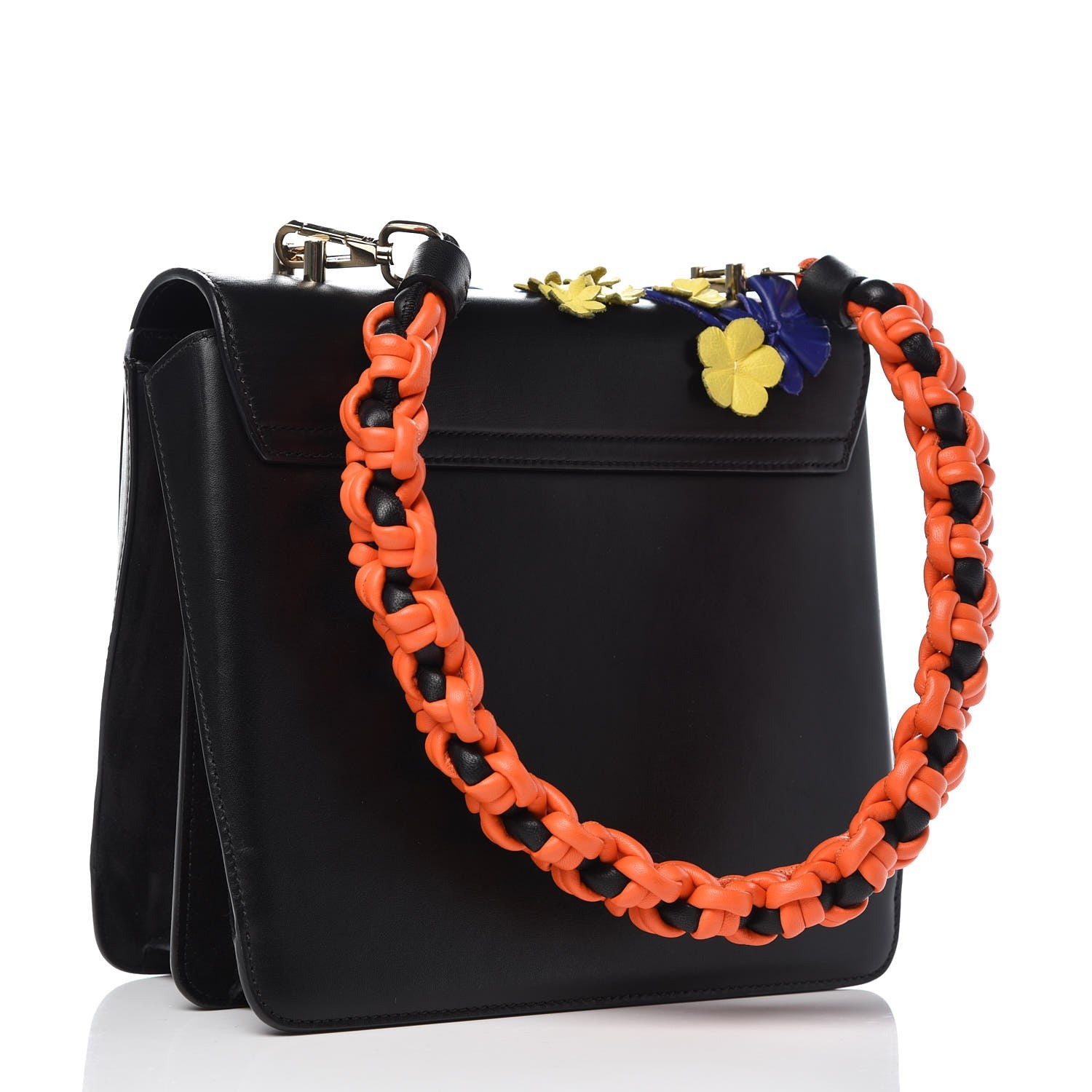 Versace Calfskin Flower Embroidered Medium DV One Satchel Black 3 of 9