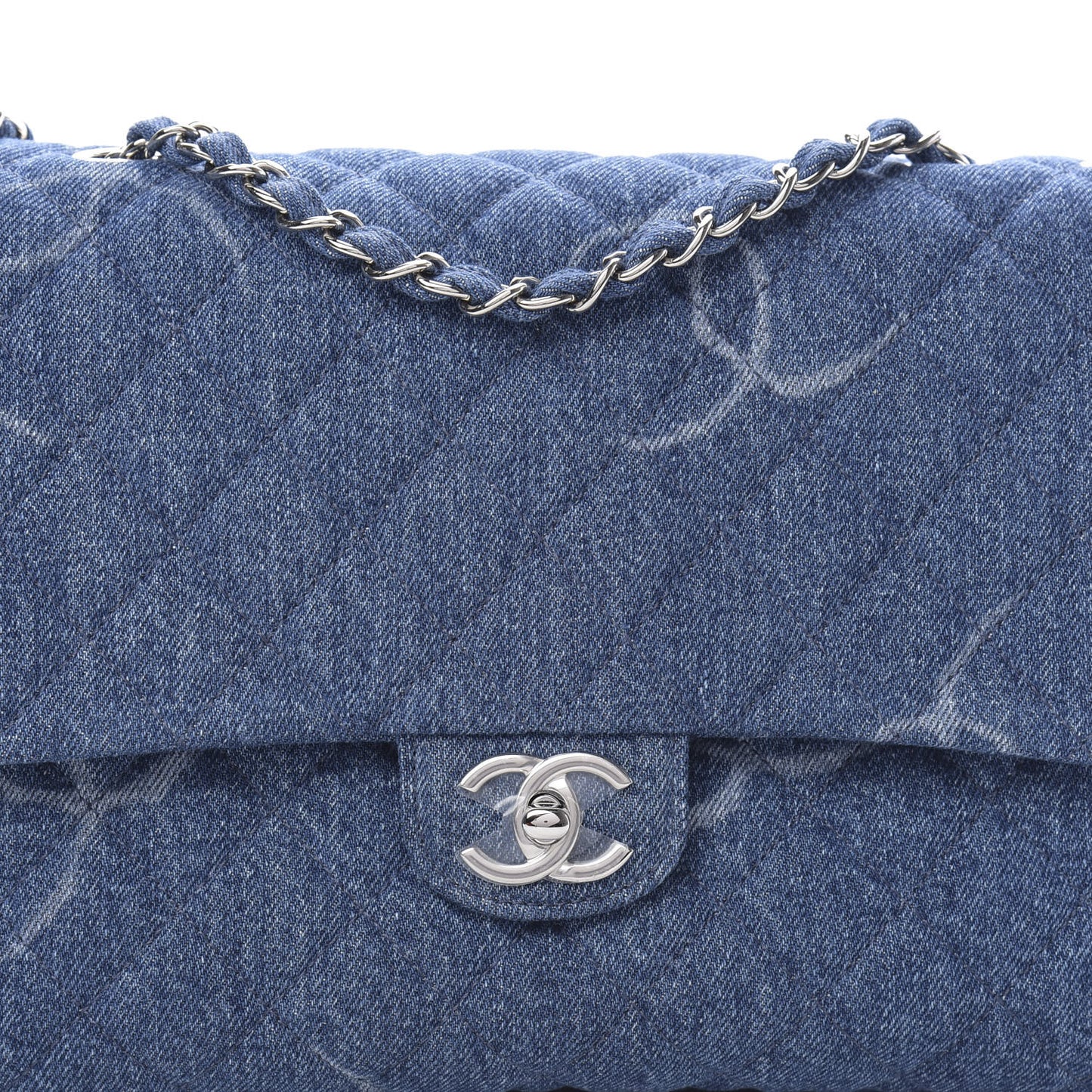 Denim Quilted CC Print Jumbo Single Flap Blue