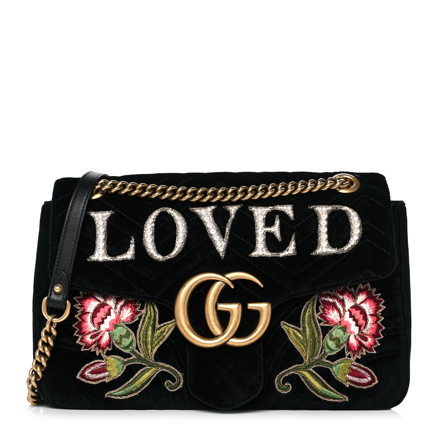 Gucci Velvet Matelasse Loved Embroidered Medium GG Marmont Shoulder Bag Black 1 of 17
