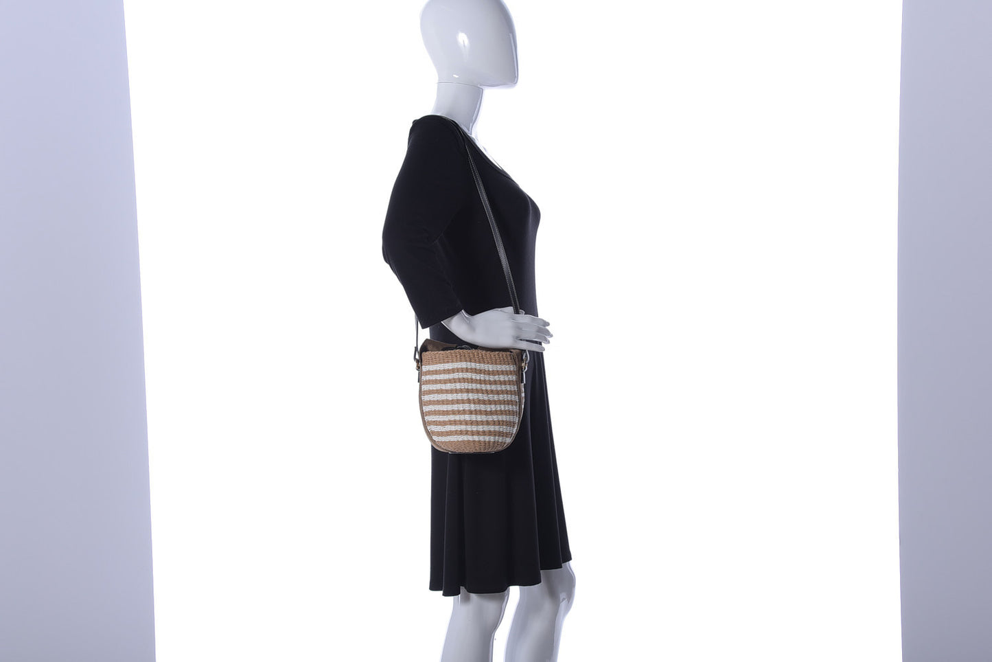 Raffia Calfskin Small Woody Striped Basket Bag Brown