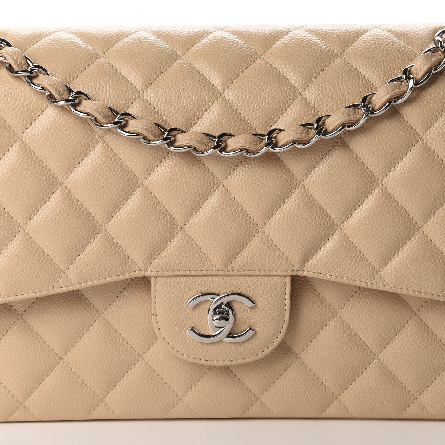 Caviar Quilted Jumbo Double Flap Beige Clair