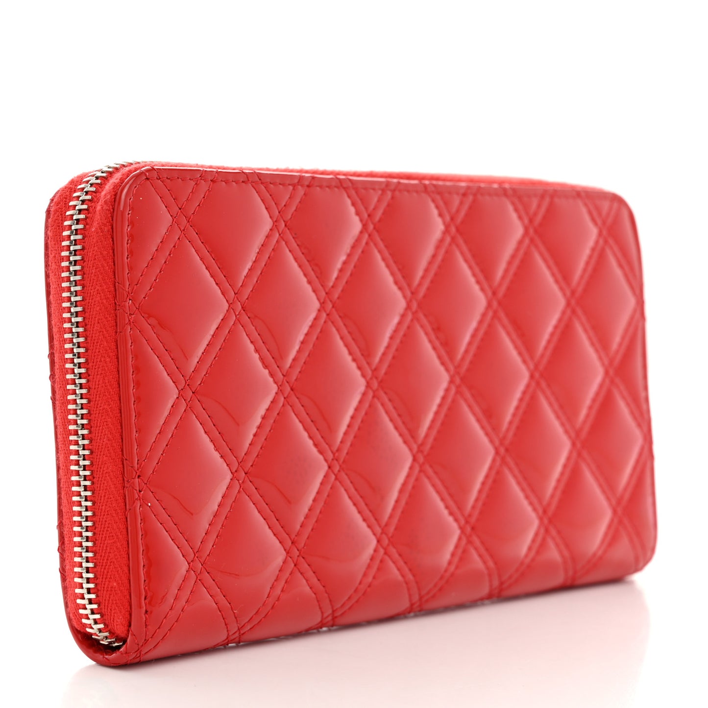 Patent Quilted Double Stitched Zip Around Wallet Red