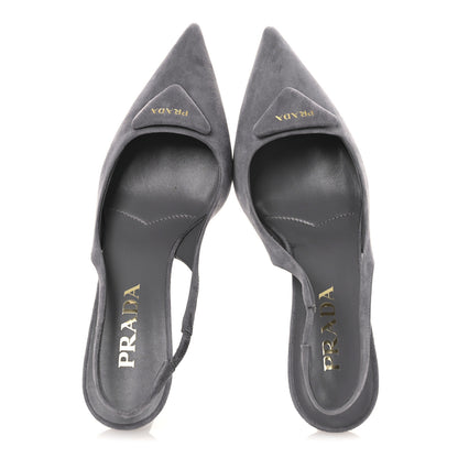 Prada Suede Triangle Logo Pointed Toe 75mm Slingback Pumps 37 Grey 2 of 11