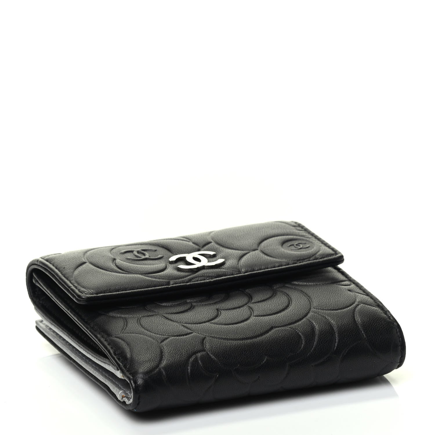 Chanel Lambskin Camellia Embossed Small Double Wallet Black 3 of 4