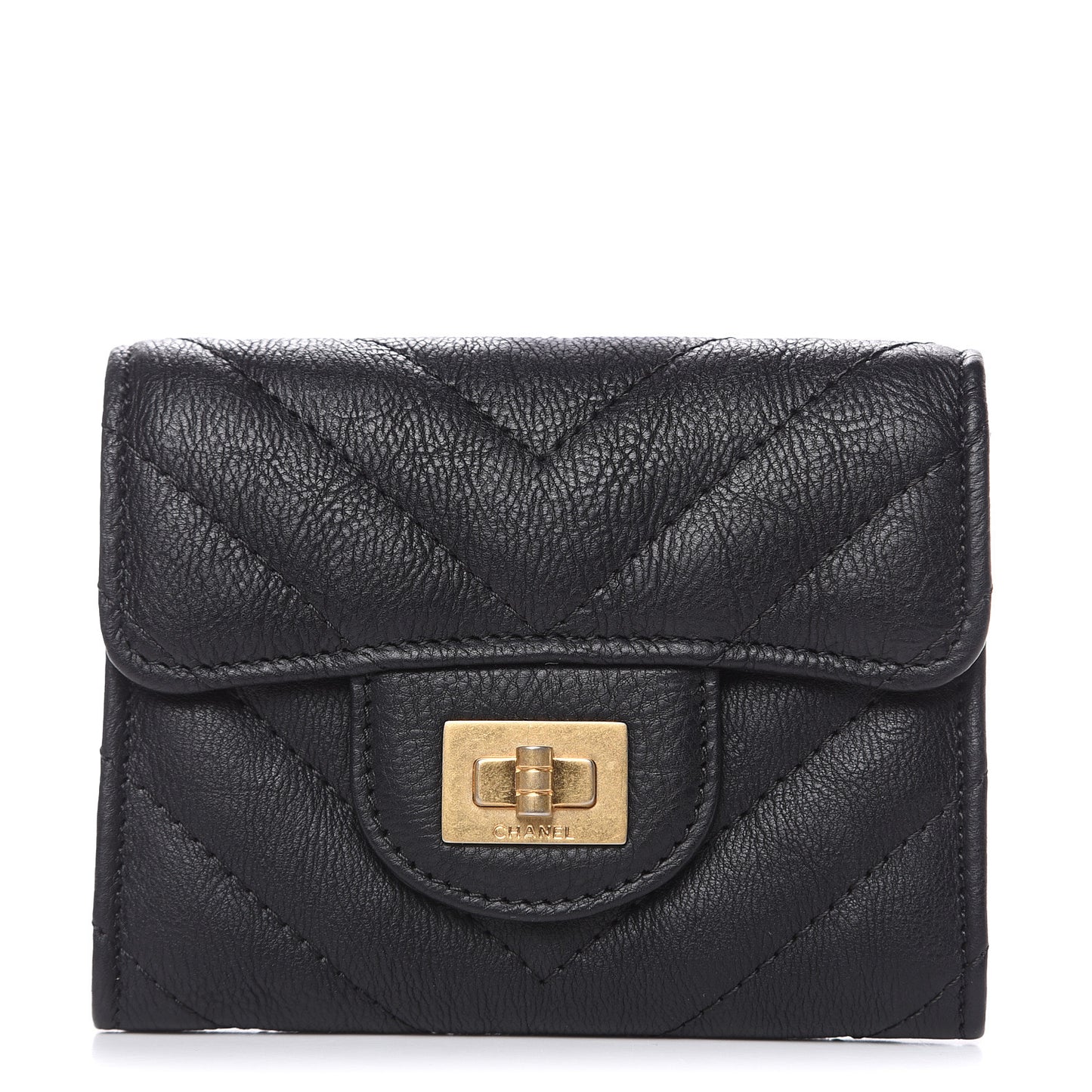 Crumpled Calfskin Chevron Quilted Reissue Card Holder Black