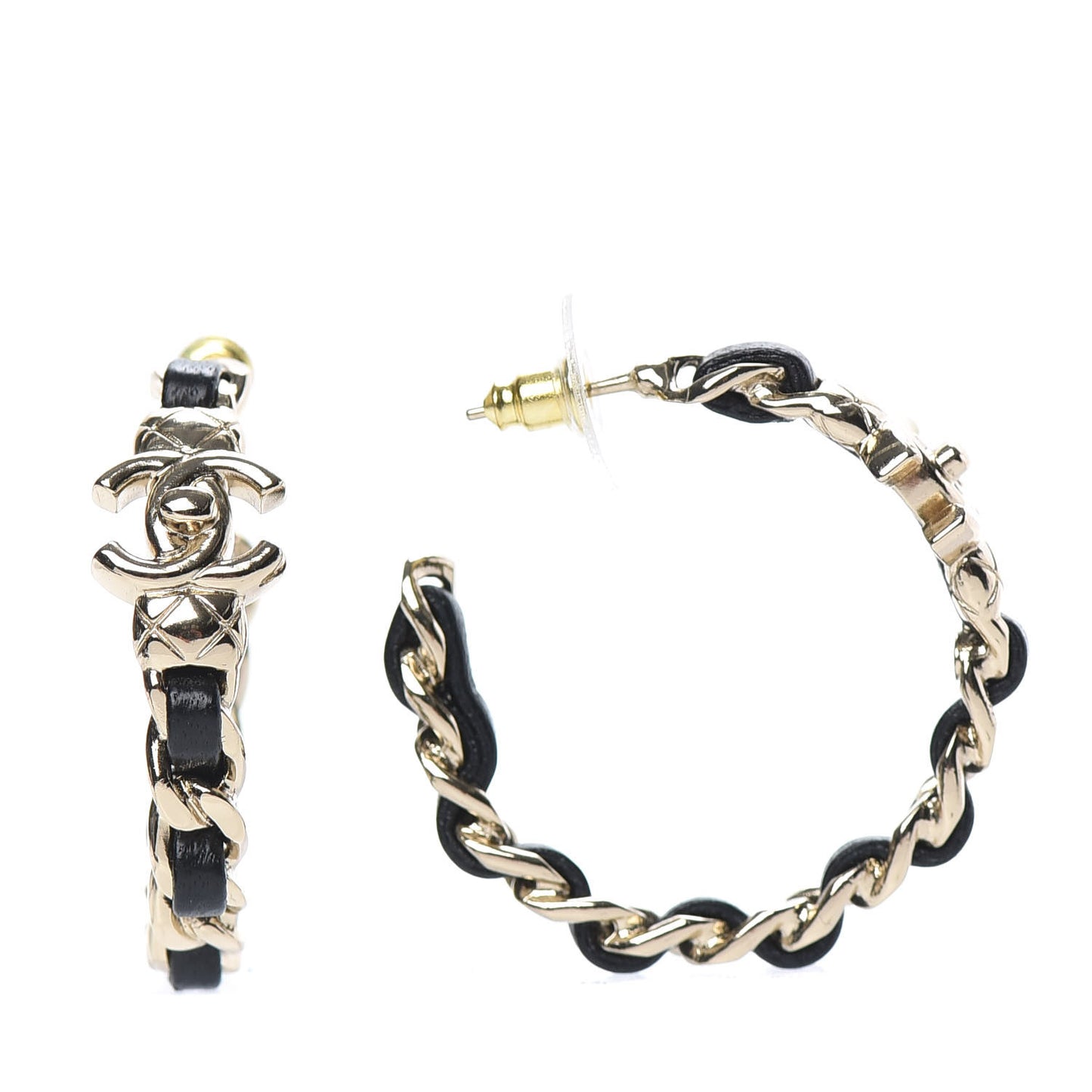 Lambskin CC Turnlock Chain Hoop Earrings Gold Black