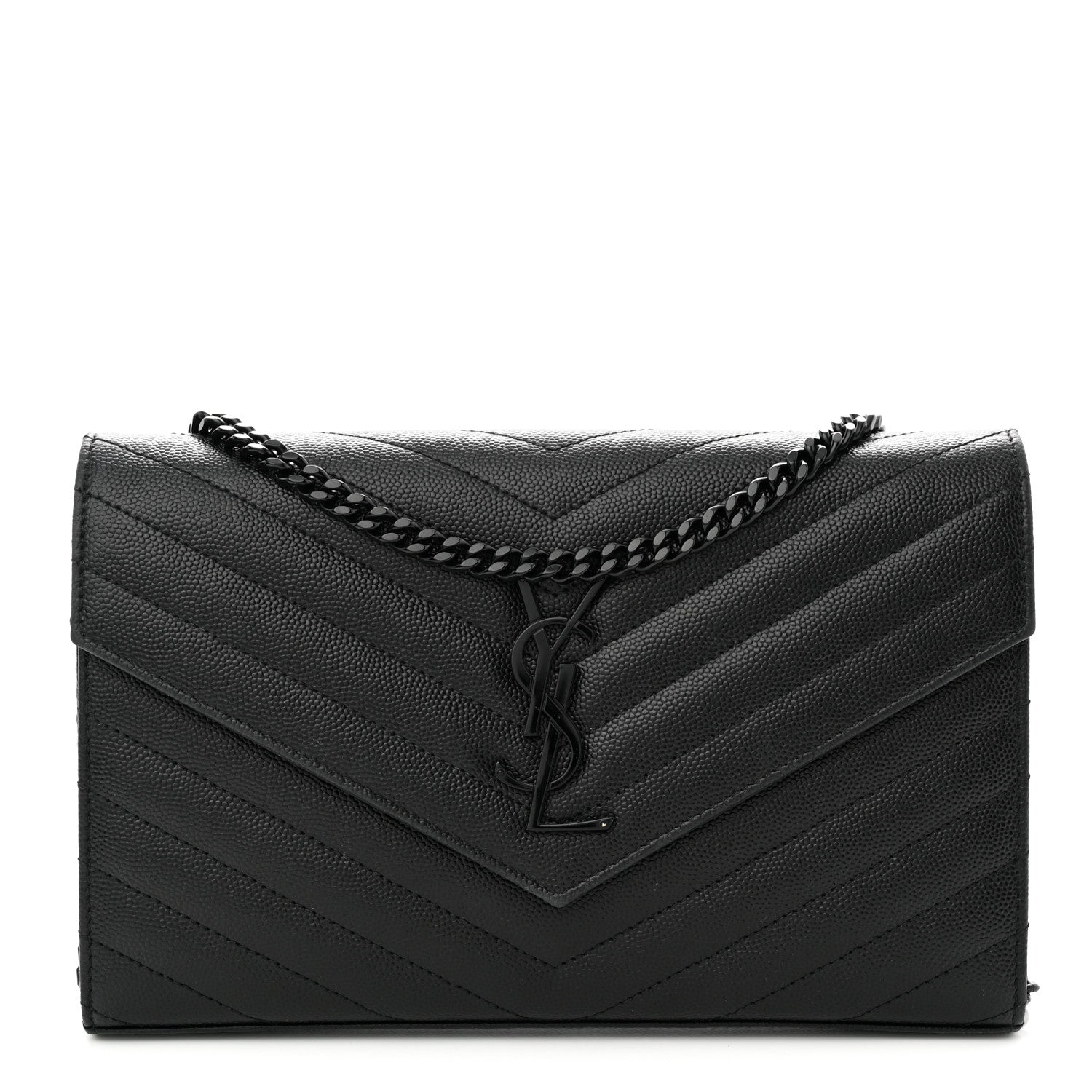 Saint Laurent Grain De Poudre Matelasse Chevron Monogram Monochrome Chain Wallet Black 1 of 10