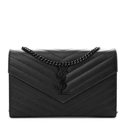 Saint Laurent Grain De Poudre Matelasse Chevron Monogram Monochrome Chain Wallet Black 1 of 10