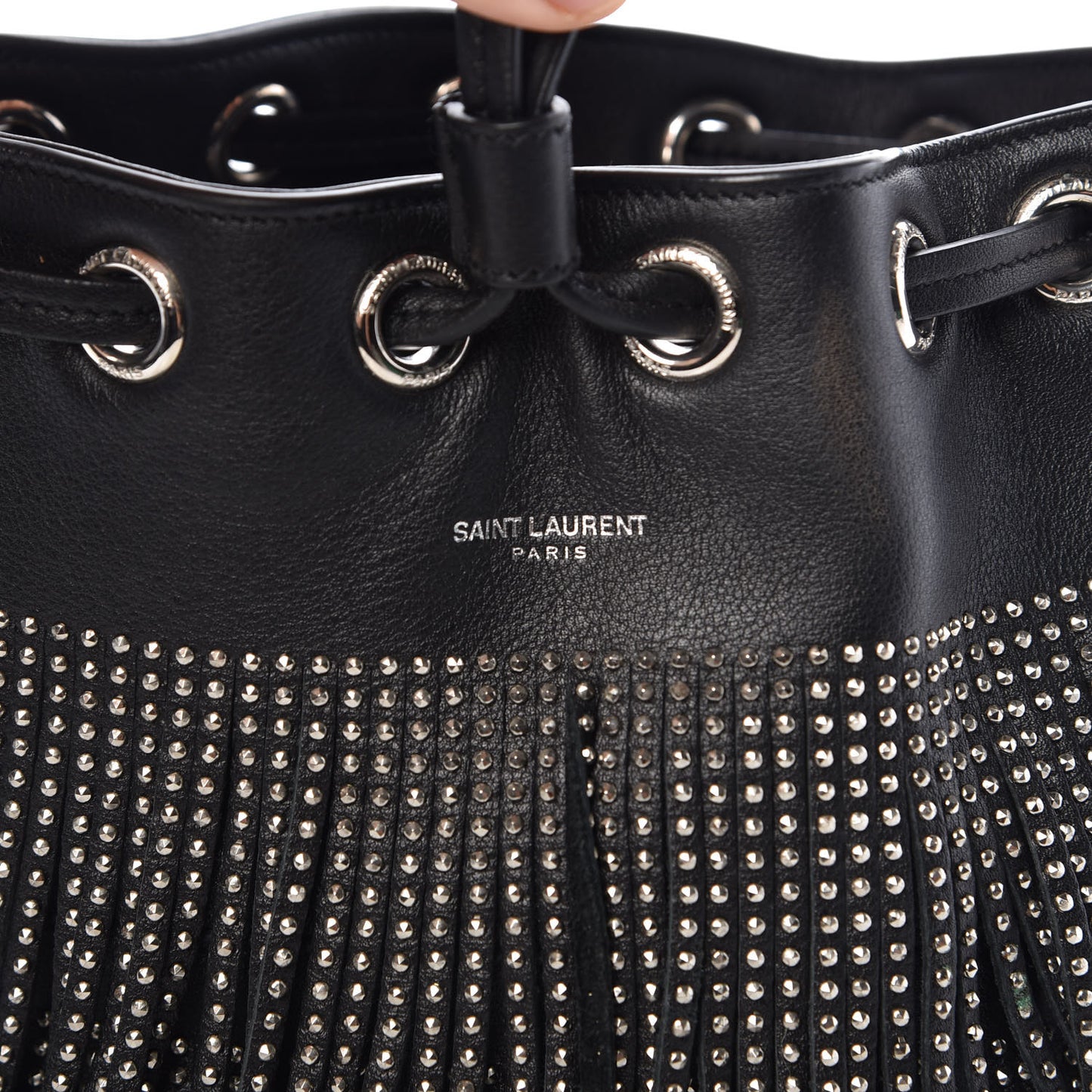 Calfskin Studded Small Emmanuelle Fringe Bucket Bag Black