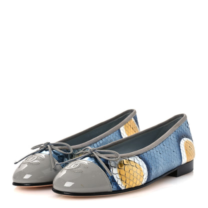 Chanel Snakeskin Patent Calfskin Cap Toe CC Ballerina Flats 37.5 Blue Multicolor 4 of 13