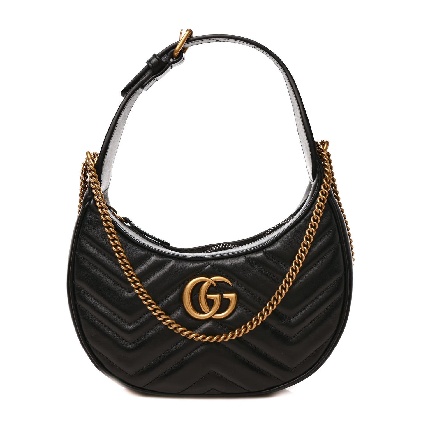 Calfskin Matelasse Chevron Mini GG Marmont Half Moon Hobo Black