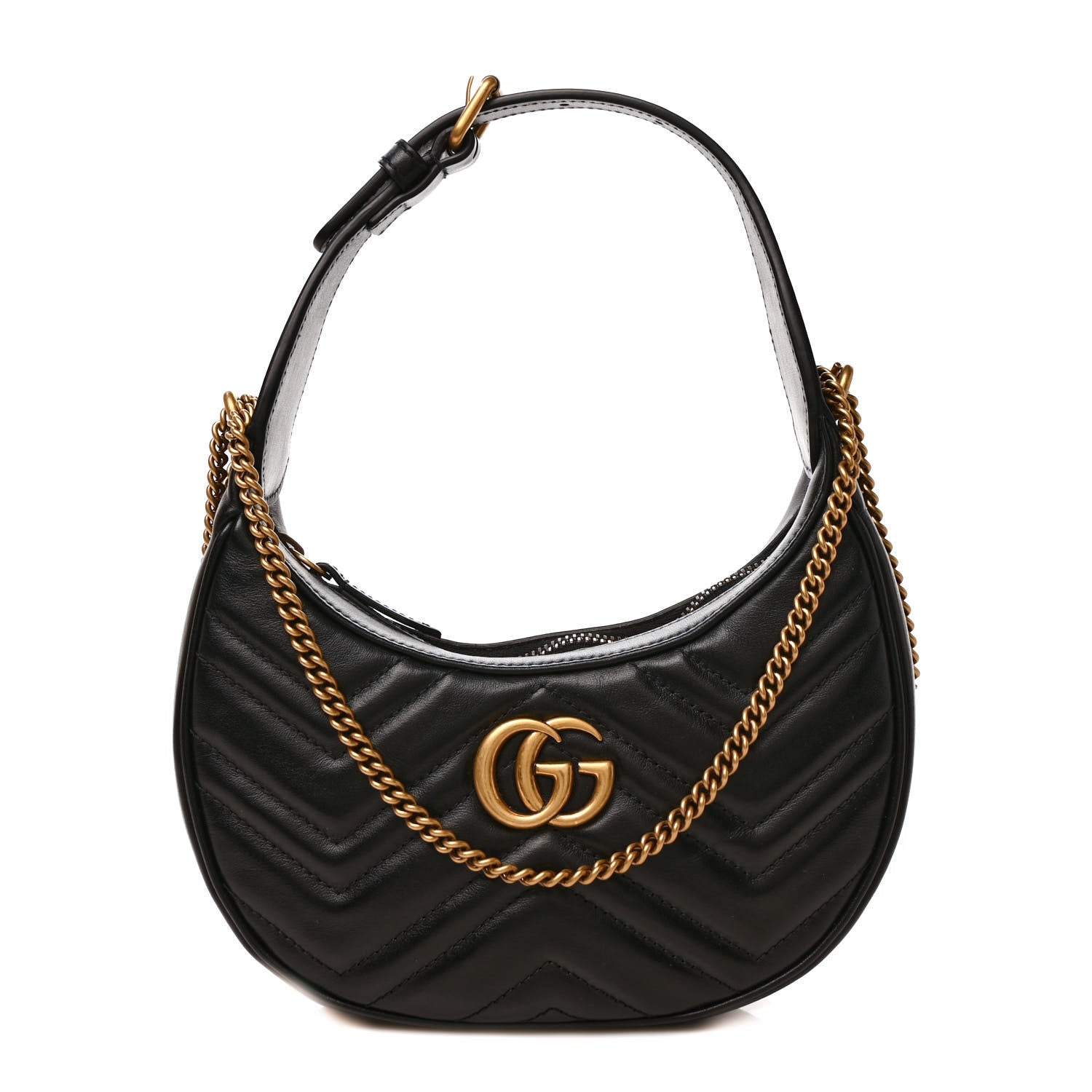 Gucci Calfskin Matelasse Chevron Mini GG Marmont Half Moon Hobo Black 1 of 9