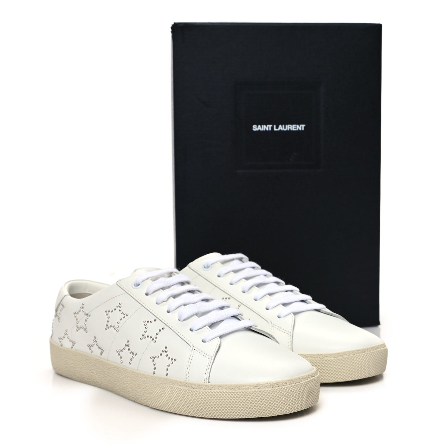 Calfskin Studded Star Court Sneakers 41 White