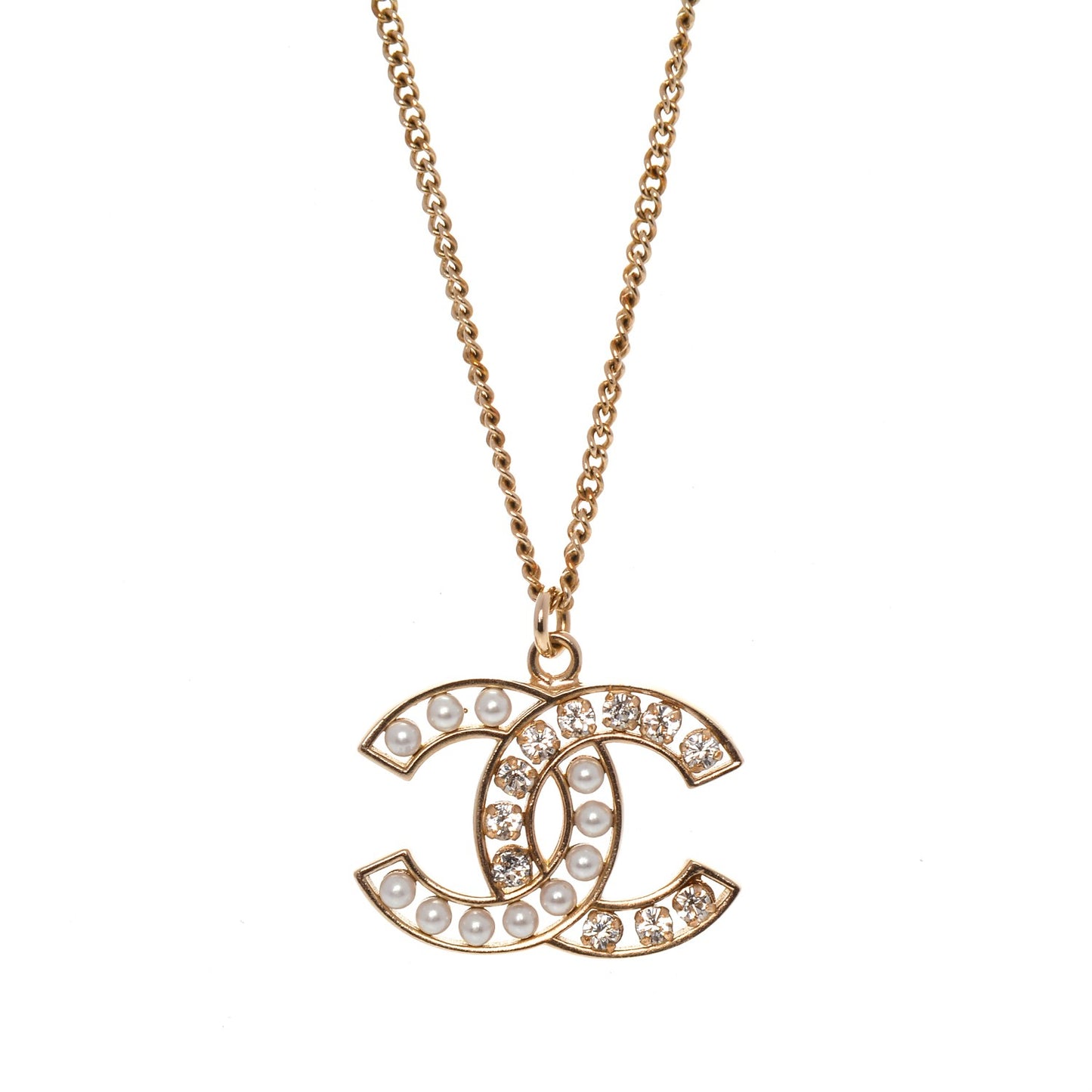 Crystal Pearl CC Pendant Necklace Gold