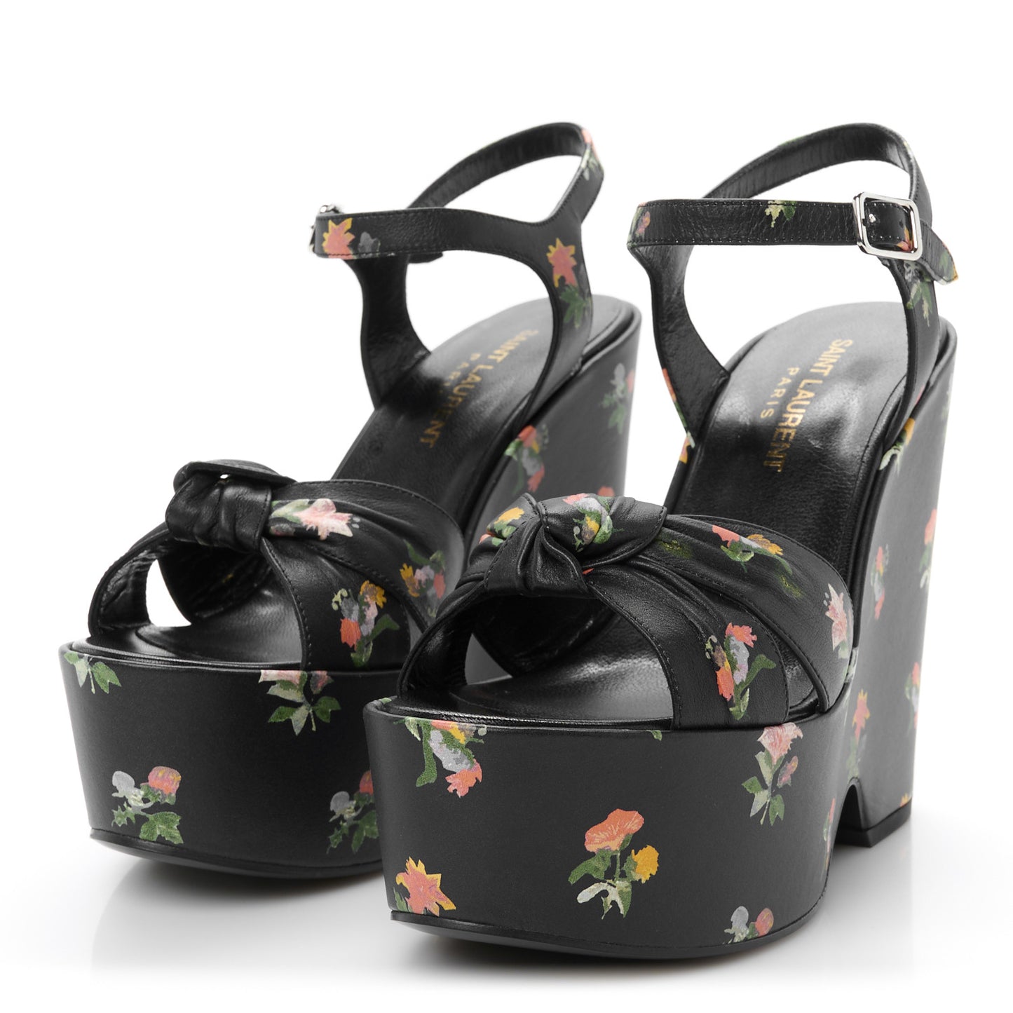 Nappa Calfskin Grunge Flower Printed Candy 85 Platform Wedge Sandals 37.5 Black Multicolor