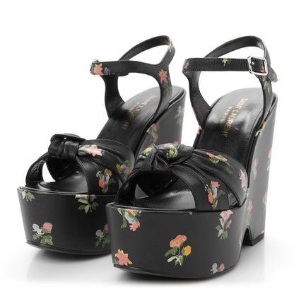 Saint Laurent Nappa Calfskin Grunge Flower Printed Candy 85 Platform Wedge Sandals 37.5 Black Multicolor 4 of 10